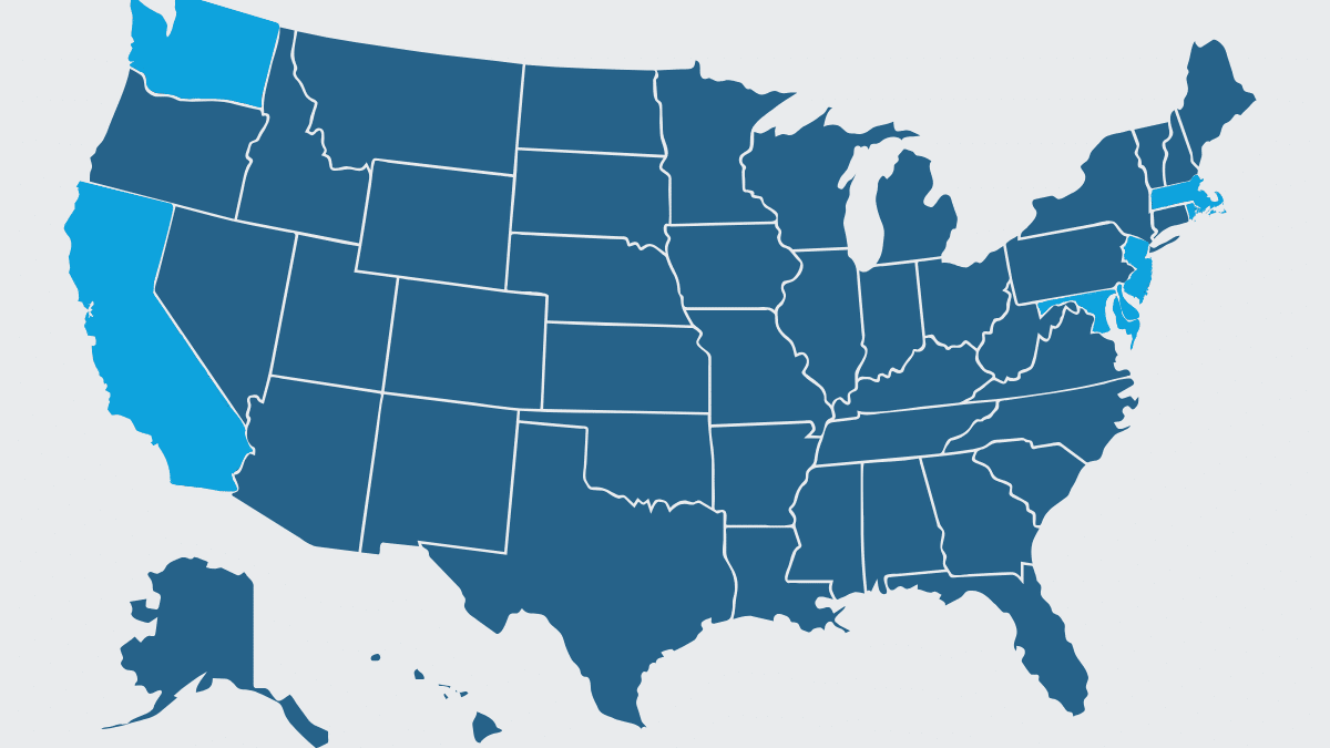 U.S. map highlighting states with individual health coverage mandates including California, Massachusetts, New Jersey, Rhode Island, Washington D.C., and Washington State — relevant to Zion HealthShare members.